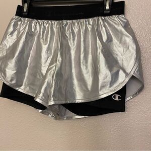 Champion Women's silver metallic two in one bike dance running shorts M